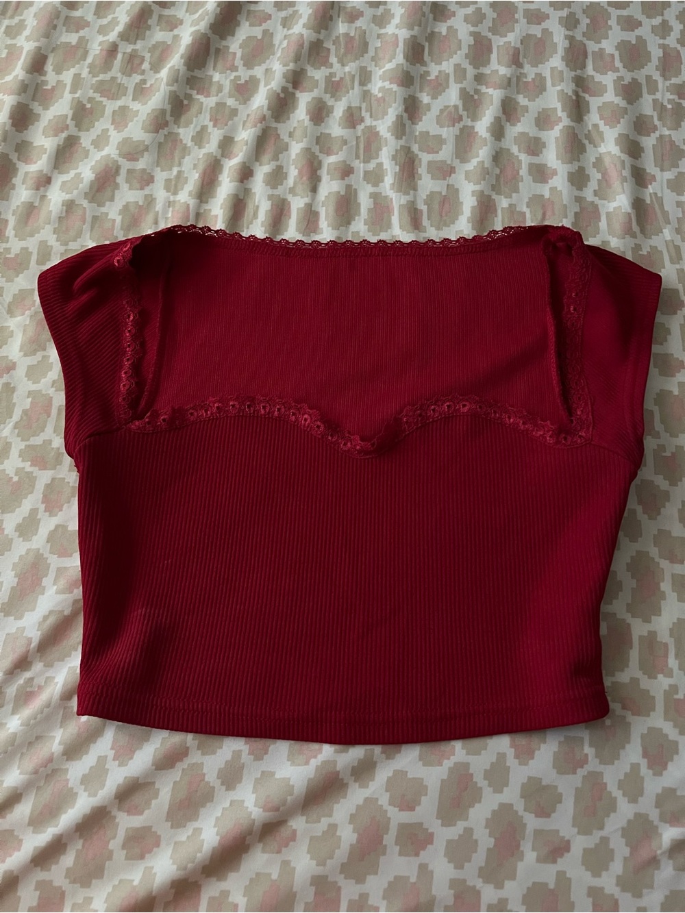 SHEIN Red Ribbed Lace-Trim Crop Top